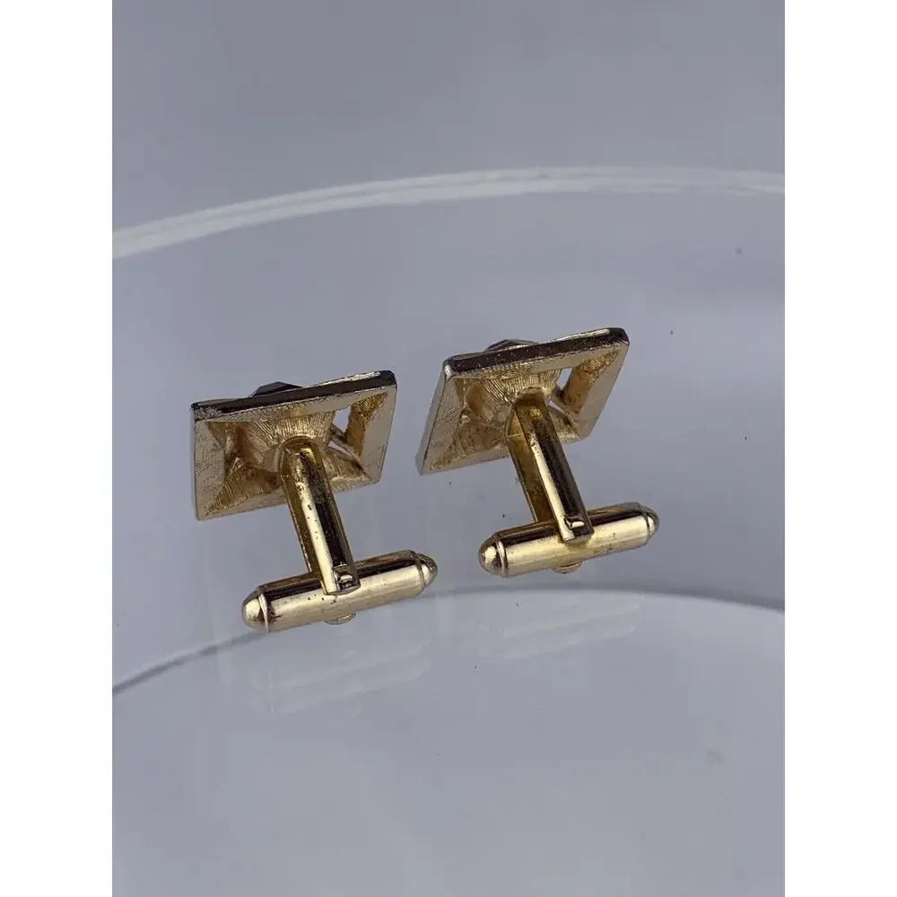 Square Brown Rhinestone Gold Tone Cufflinks Modern Formal Cutout Shields Vintage